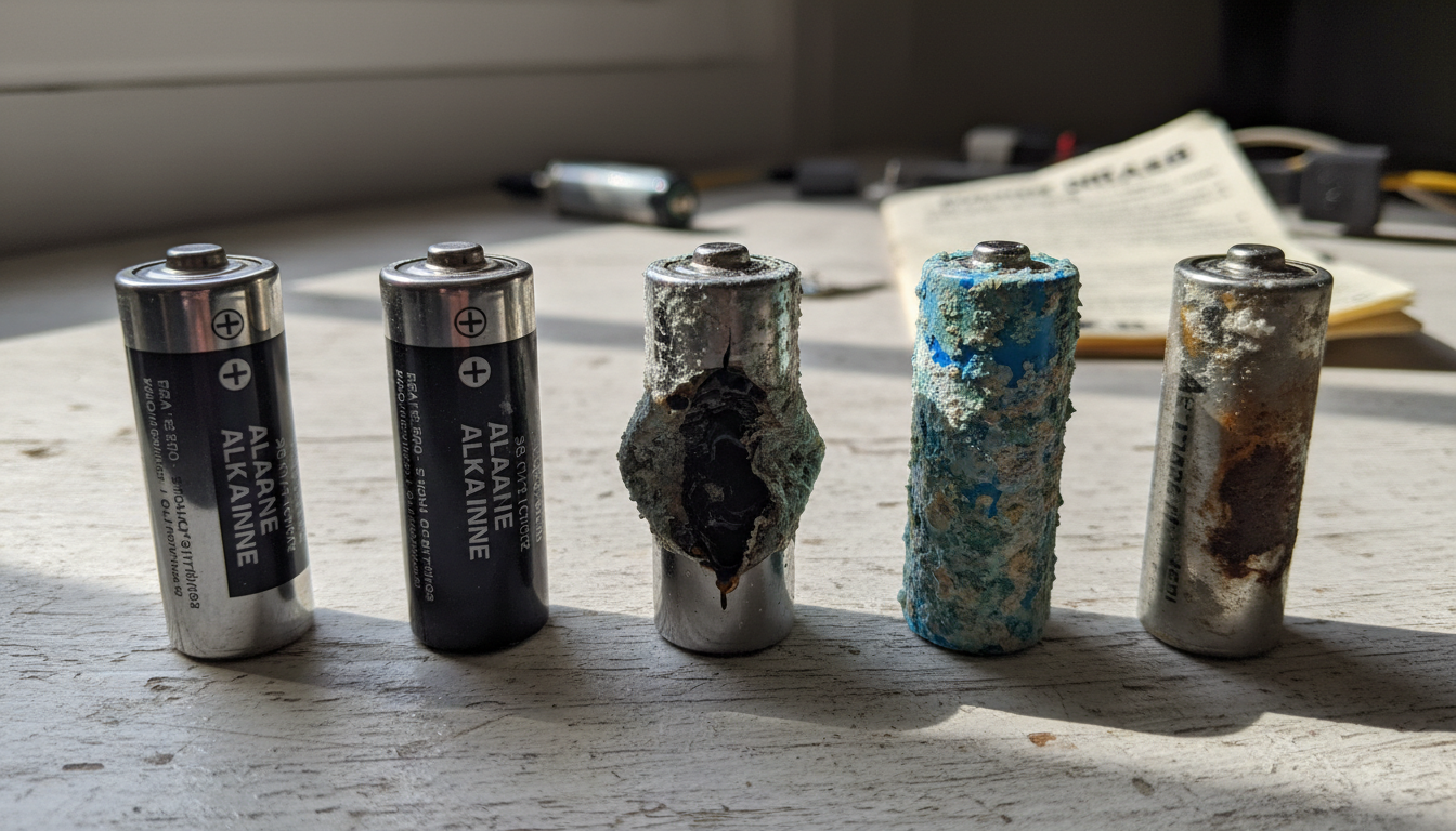 Five different alkaline AA batteries showing various signs of dying including swelling, corrosion, and normal appearance for comparison