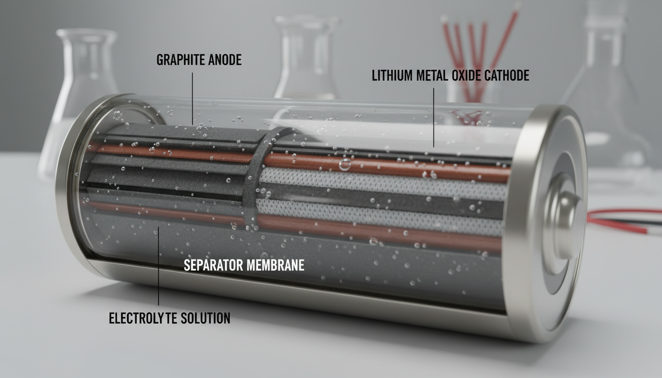 Cross-section view of a lithium-ion battery revealing internal layers with graphite anode, lithium metal oxide cathode, separator membrane, and electrolyte solution with visible component labels
