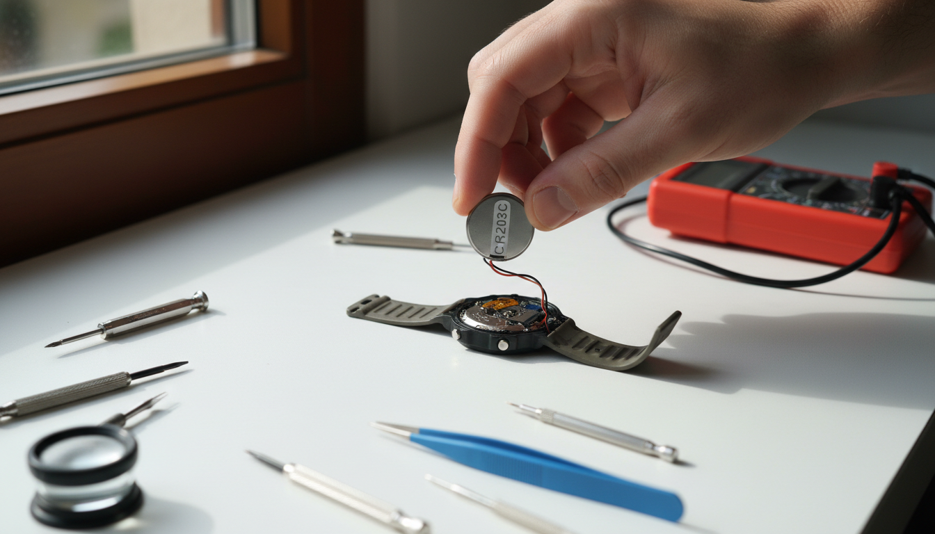 Hand holding a CR2032 coin cell battery over an open digital watch with tools visible on a white workbench