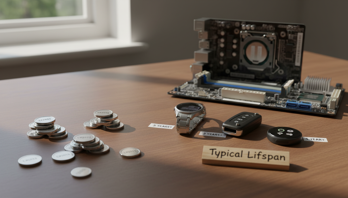 Assorted lithium coin cell batteries CR2032 CR2025 CR2016 displayed with common devices like watches key fobs and computer motherboard showing lifespan comparison
