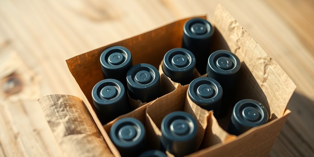 Batteries in eco-friendly packaging on a wooden table.