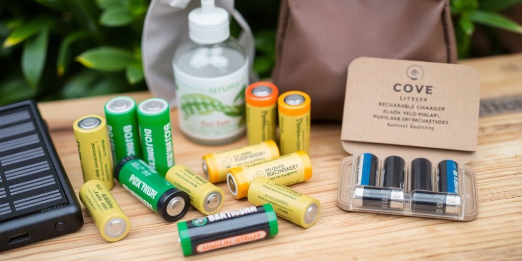 Close-up of rechargeable batteries and eco-friendly products.