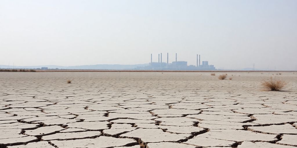 Dry lakebed, distant battery factory, arid landscape.