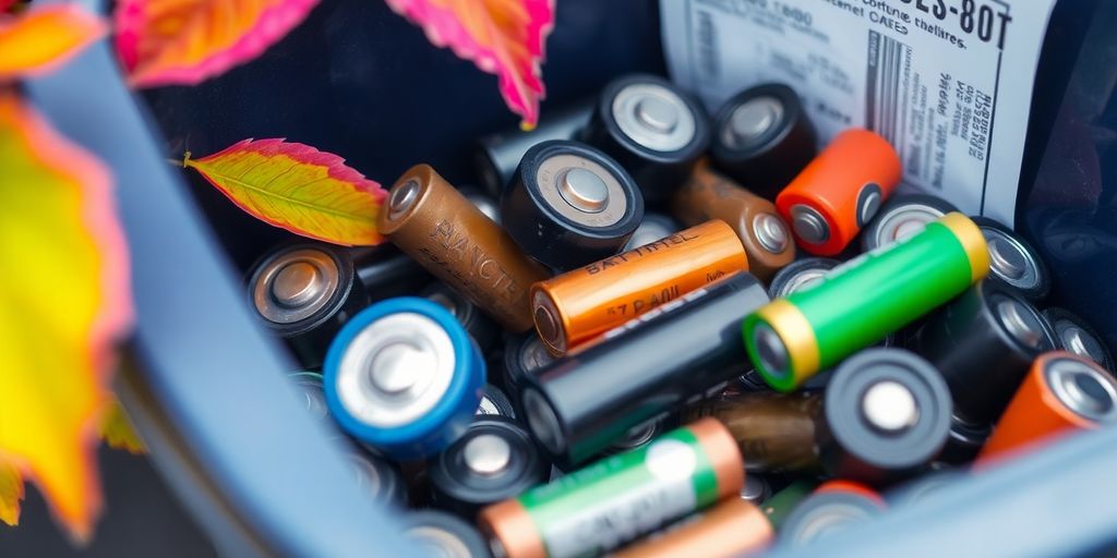 Used batteries in a recycling bin with green leaves.