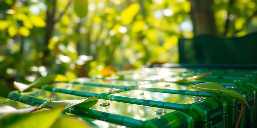 Green batteries surrounded by nature and sunlight.