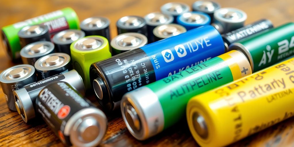 Different types of batteries on a wooden surface.