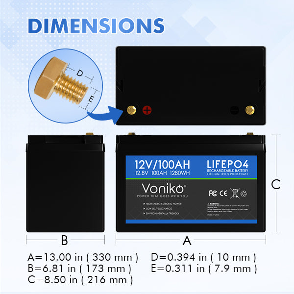 Voniko 12V 100Ah LiFePO4 Lithium Battery - BUILT-IN 20A BMS