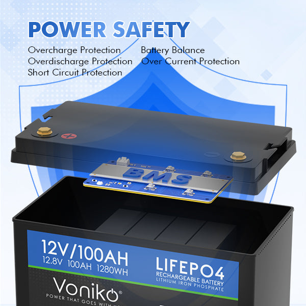 Voniko 12V 100Ah LiFePO4 Lithium Battery - BUILT-IN 20A BMS