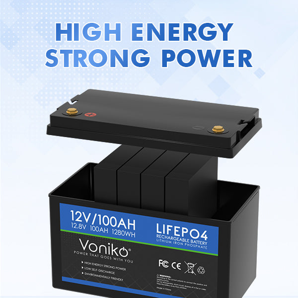 Voniko 12V 100Ah LiFePO4 Lithium Battery - BUILT-IN 20A BMS