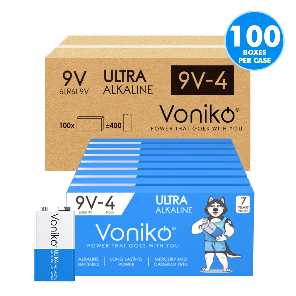 Voniko Premium Alkaline 9V Batteries - 6LR61 - 500mAh (Non-Rechargeable)