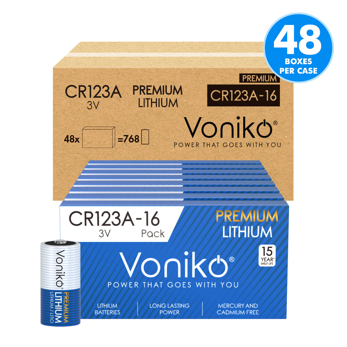 Voniko Premium Lithium CR123A Batteries - 3V 1600mAh (Non-Rechargeable)