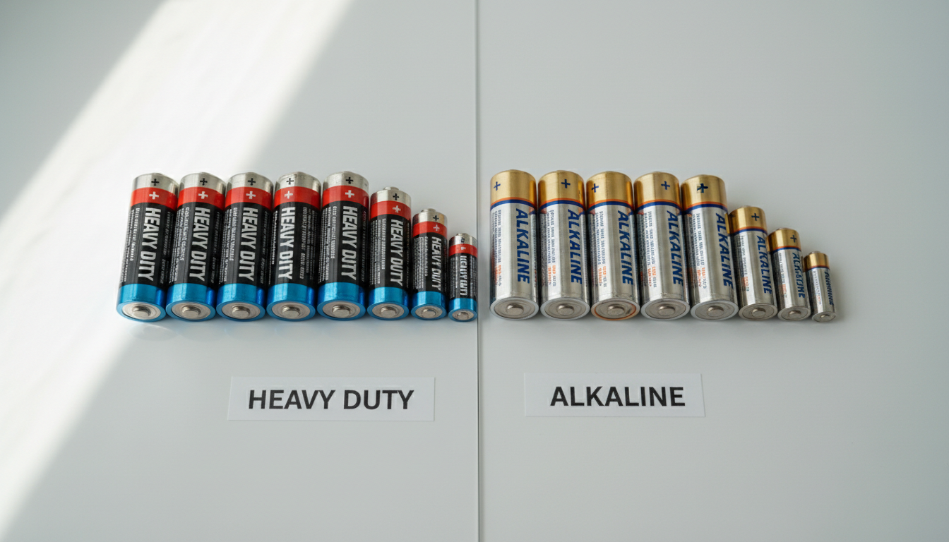Professional overhead photograph of heavy duty and alkaline batteries arranged side by side on clean white surface with clear labeling visible