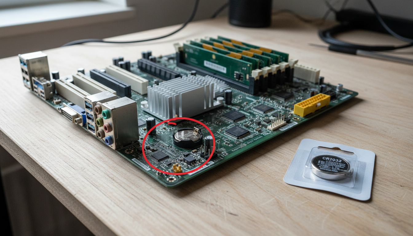Desktop computer motherboard with highlighted CR2032 coin cell battery location and replacement battery nearby on workspace