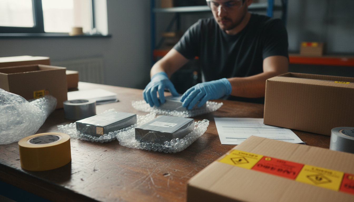 Person preparing lithium batteries for shipping with proper packaging materials, labels, and safety equipment on wooden table