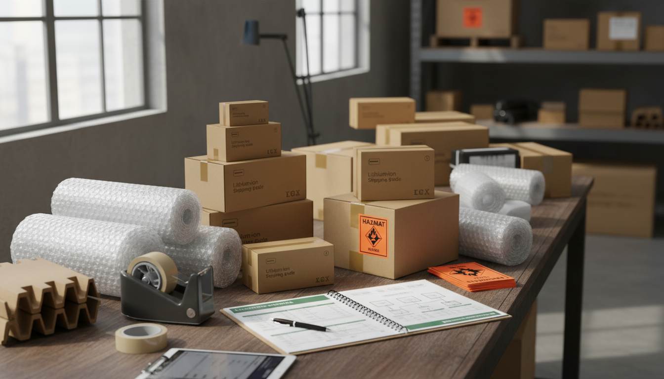 Professional shipping workspace showing lithium batteries, protective packaging materials, hazmat labels, and documentation guides arranged for safe battery shipment preparation