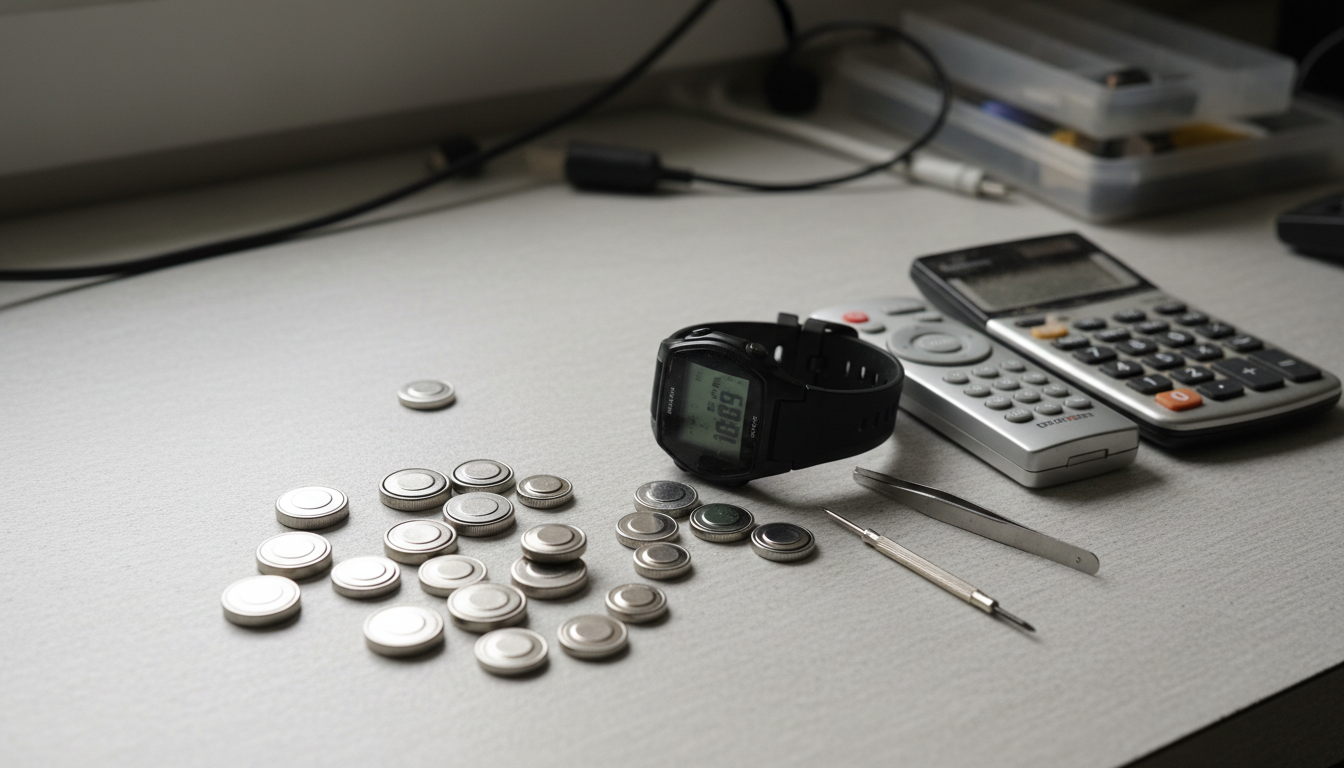 Multiple silver coin cell batteries of various sizes arranged on surface next to small electronic devices like watch, remote, and calculator
