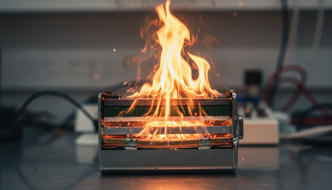Cross-section illustration of lithium-ion battery showing internal components with flames and thermal runaway process visualization