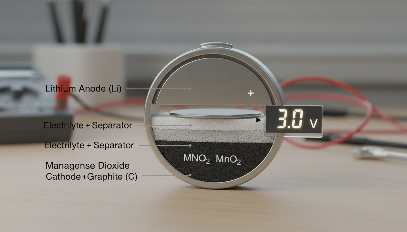  Technical diagram showing coin cell battery cross-section with voltage output indicators and chemistry composition labels