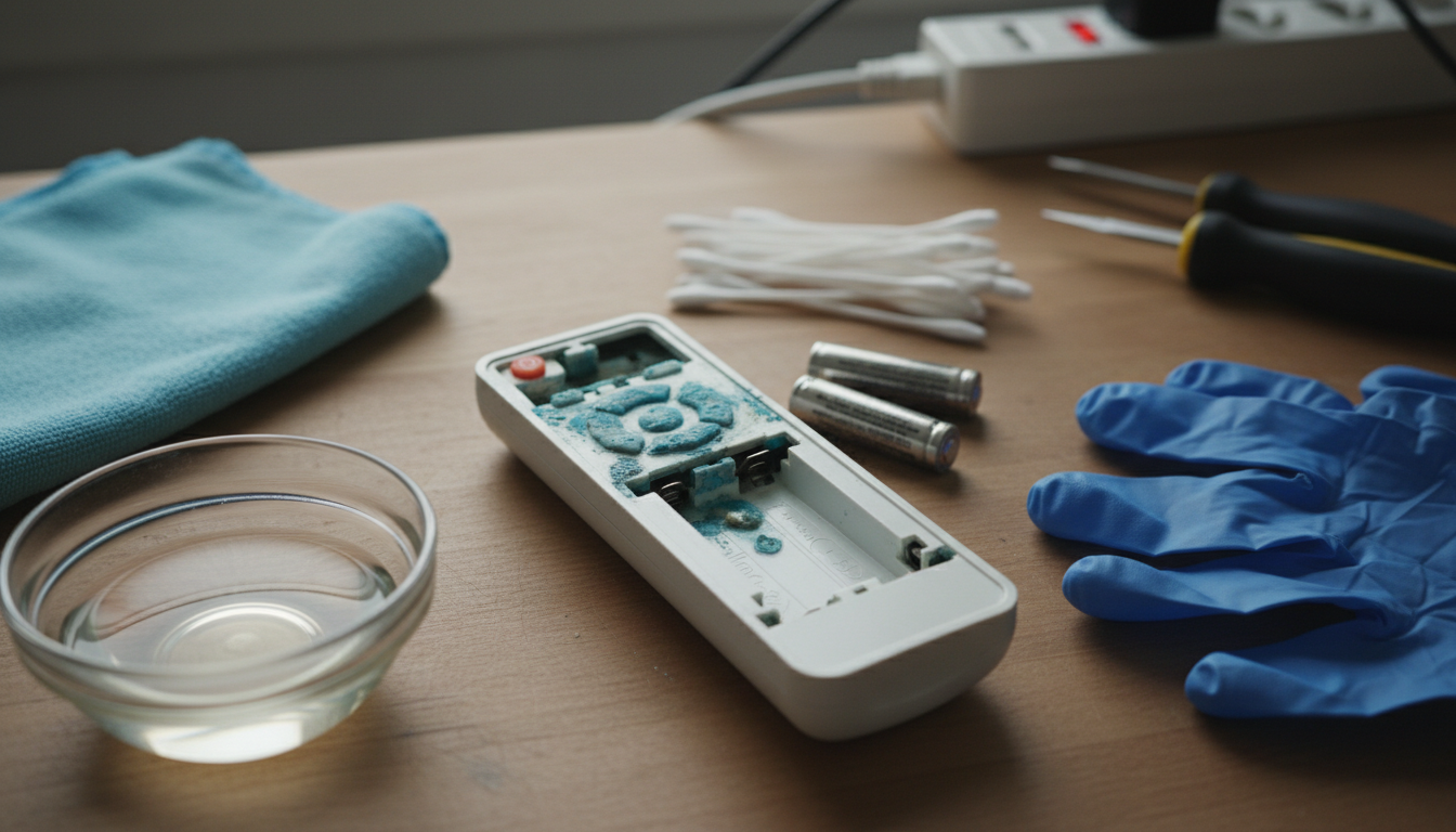 Workspace setup showing corroded electronic device with batteries removed, cleaning supplies including vinegar and cotton swabs, and protective gloves ready for battery corrosion cleaning