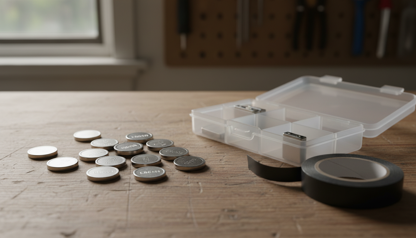 Assorted coin cell batteries scattered on wooden surface next to clear plastic storage container and roll of electrical tape
