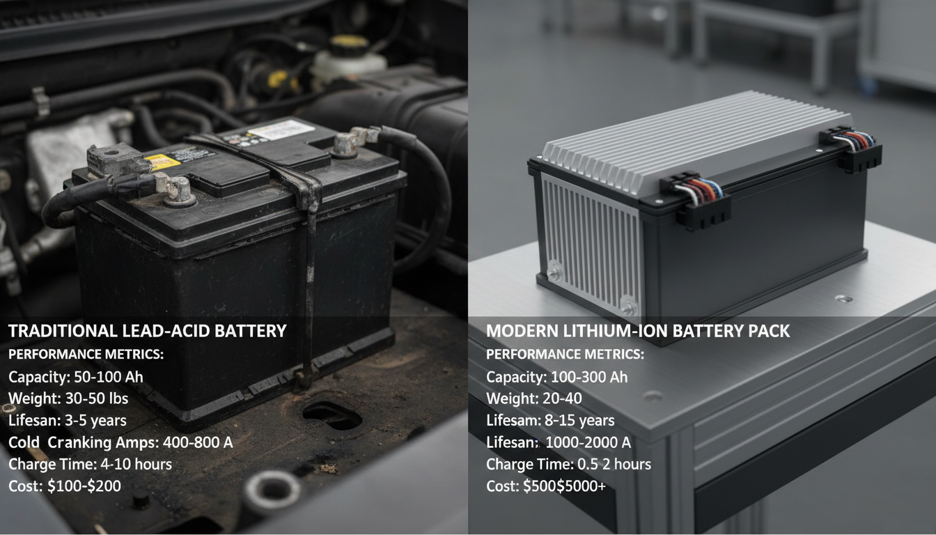 Split-screen image comparing traditional lead acid car battery and modern lithium ion battery pack with performance metrics and specifications overlaid