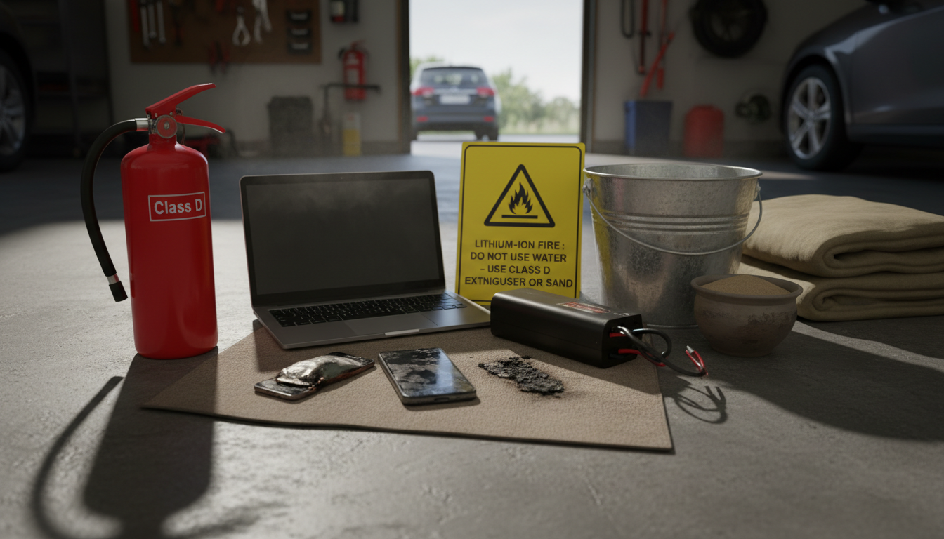 Emergency response scene showing various lithium-ion devices including smartphone, laptop, and e-bike battery with fire extinguisher and water bucket in safety preparation display