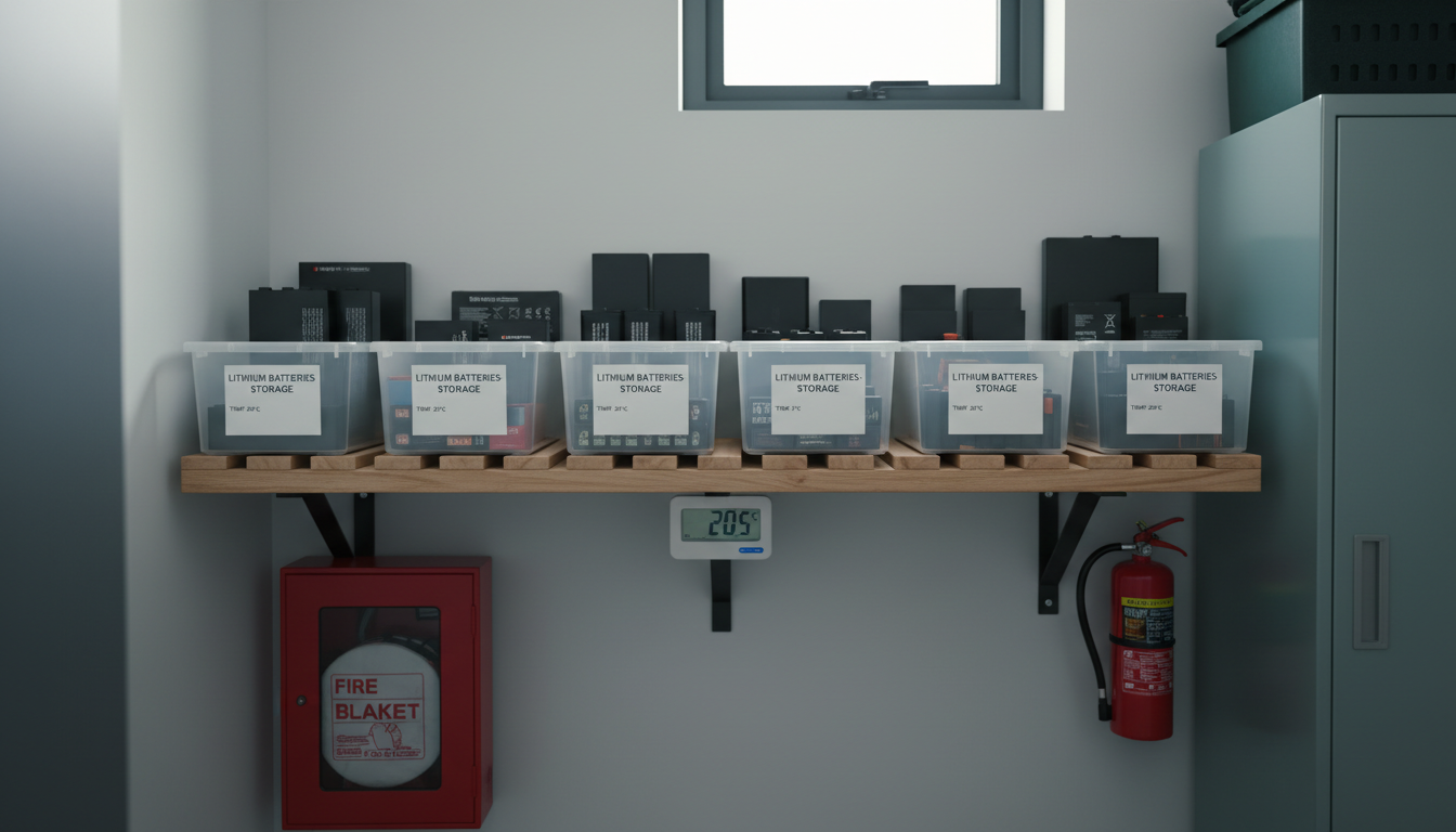 Organized lithium batteries safely stored on room temperature shelf away from heat sources and flammable materials in modern home interior