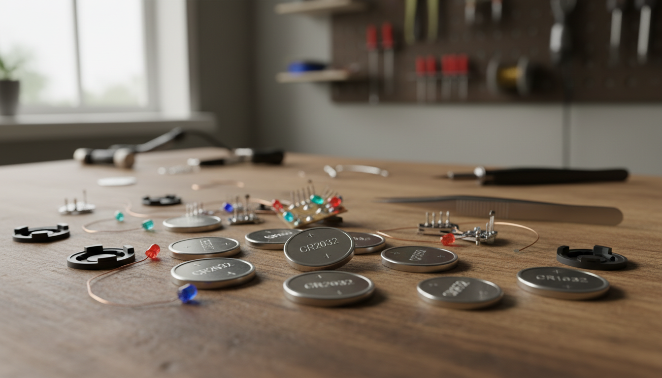 Collection of lithium coin cell batteries CR2032 and CR1632 arranged on workbench with LED smart jewelry components and battery holders for wearable tech projects