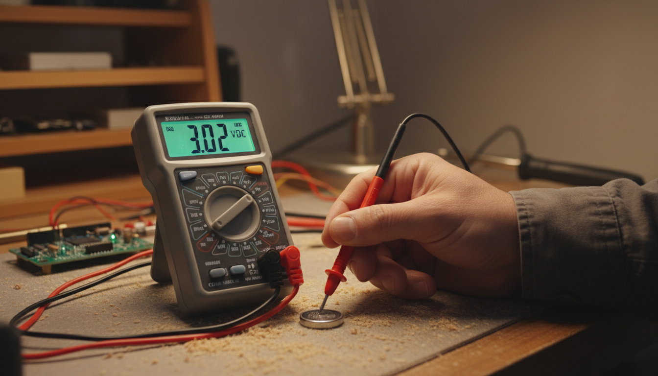  Hand holding digital multimeter testing CR2032 coin cell battery showing voltage reading on LCD display