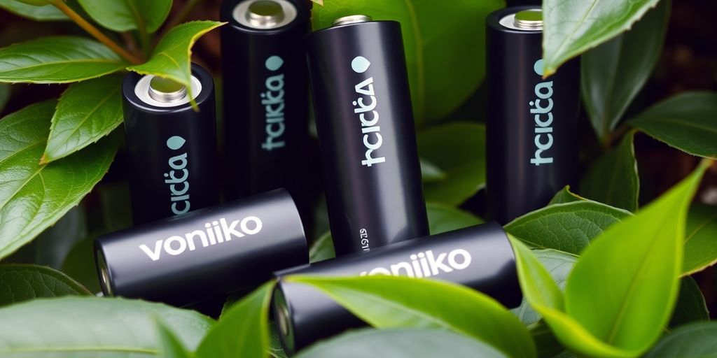 Voniko batteries with green leaves, emphasizing eco-friendliness.