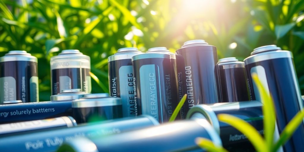 Close-up of rechargeable batteries on a green background.