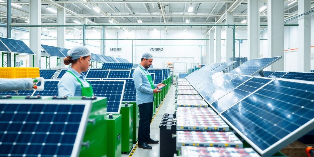 Eco-friendly battery production with solar panels and green materials.