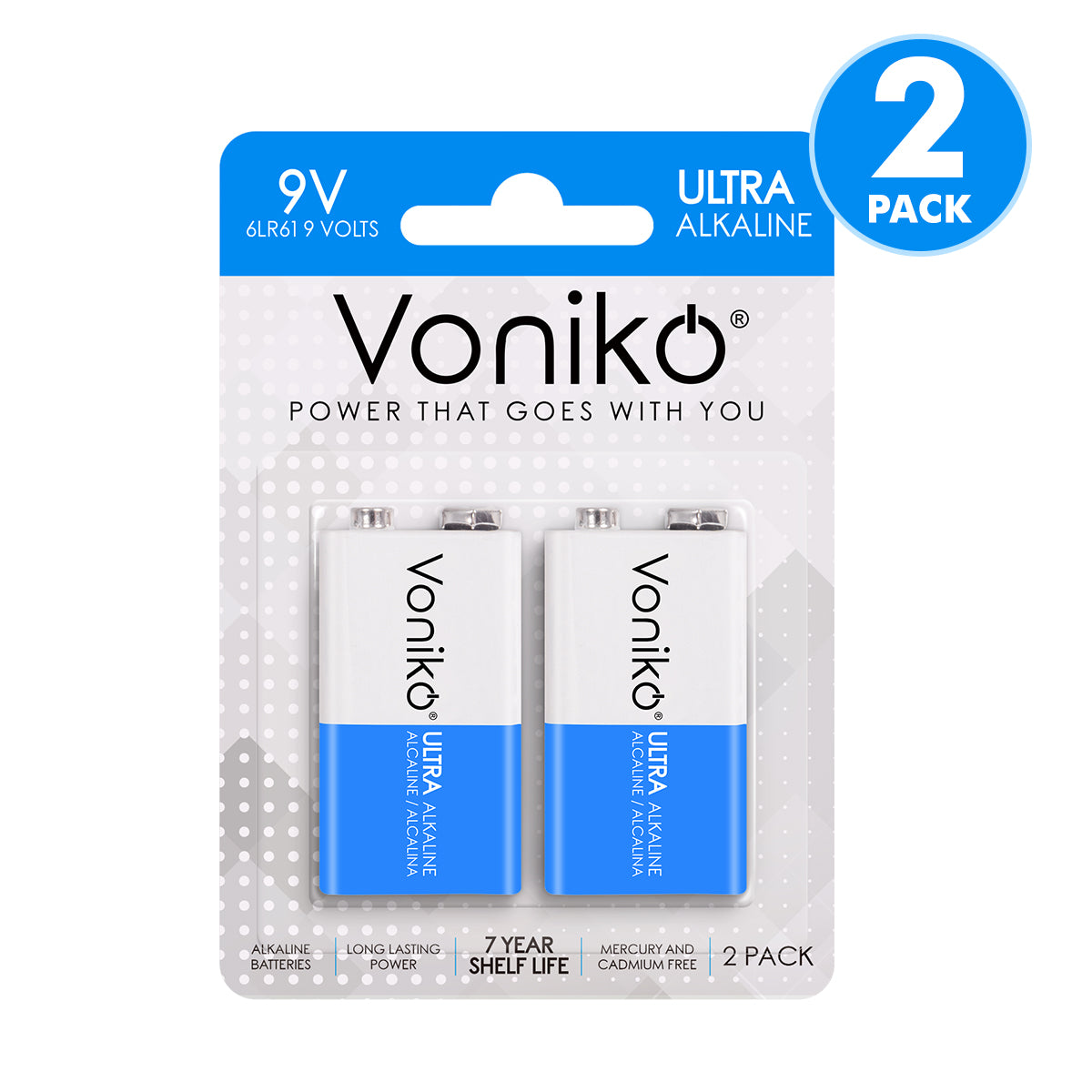 Voniko Premium Alkaline 9V Batteries - 6LR61 - 500mAh (Non-Rechargeable)