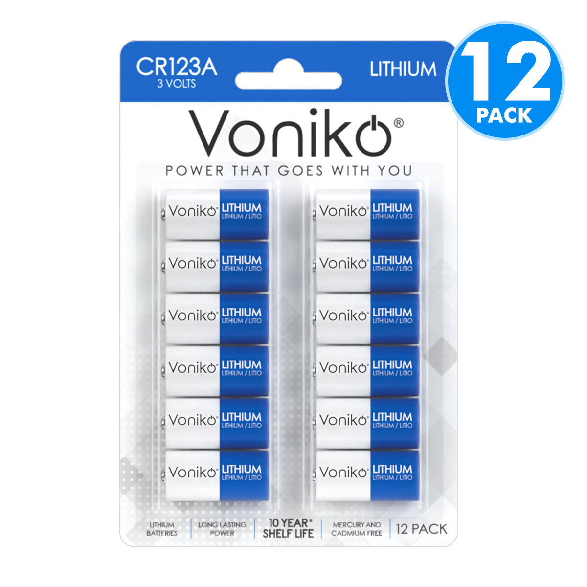 Voniko Lithium CR123A Batteries - 3V 1500mAh (Non-Rechargeable)